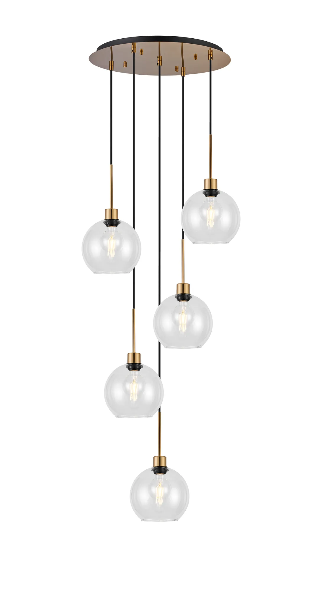 DK1192  Lori 45cm Round Pendant, 5 Light Adjustable E27, Antique Gold/Clear Open Mouth Round Globe Shades